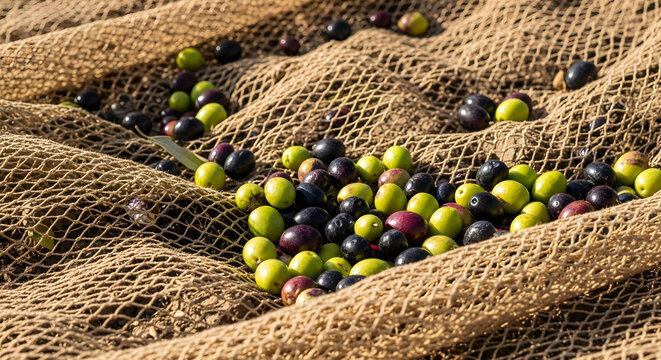 Fresh harvested olives on a fishing net