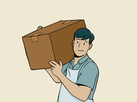 Male worker carrying cardboard box delivery package
