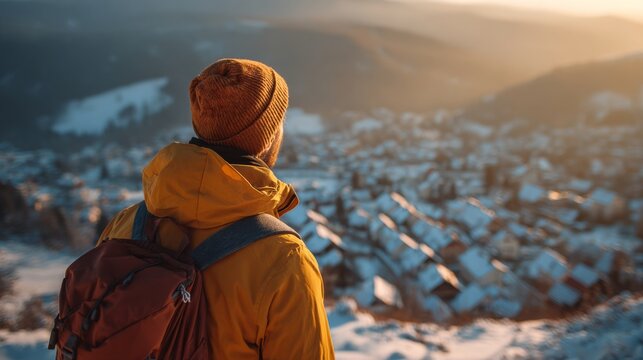 A male hiker admires a snowy village vista as the sun sets, wrapped in a cozy jacket and beanie, showcasing a serene winter landscape. - Powered by Adobe