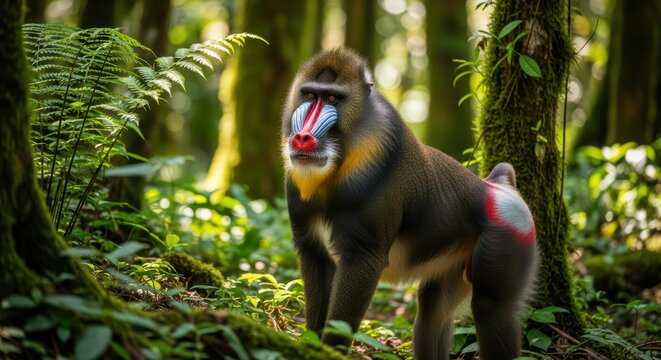 Vibrant mandrill in lush forest habitat surrounded by greenery and trees