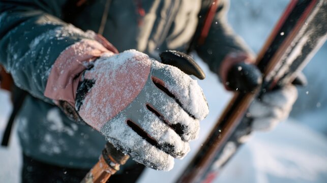 Close-up of a male skier's gloved hand gripping a ski pole, surrounded by sparkling snow on a sunny winter day.