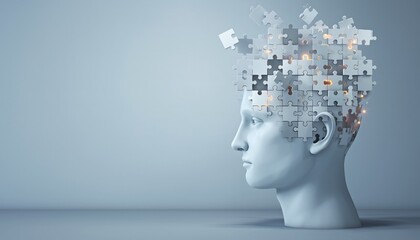 Abstract human head with glowing puzzle pieces on a light background - symbolizing mind, memory, and problem-solving