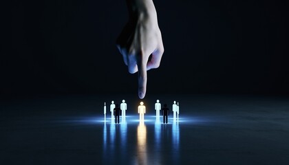 Hand pointing down to select a glowing person from a group on a dark background