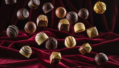 Luxurious chocolates and truffles falling onto a rich red velvet background