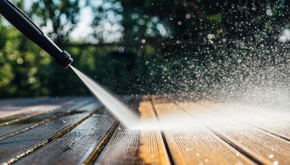 Powerful pressure washer cleaning a wooden deck, creating water splashes in a sunny outdoor setting