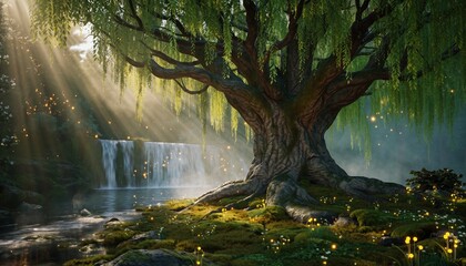 Majestic willow tree bathed in ethereal sunlight by a tranquil waterfall with glowing flora