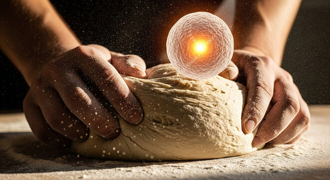 Hands kneading dough with a glowing cell symbolizing yeast or fermentation, representing the process of baking and the science behind it