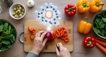 Overhead view of hands preparing fresh vegetables on a cutting board, with a glowing molecular structure representing nutrition and healthy eating