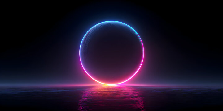 Glowing neon circle portal on a reflective dark surface with vibrant pink and blue light, abstract futuristic background
