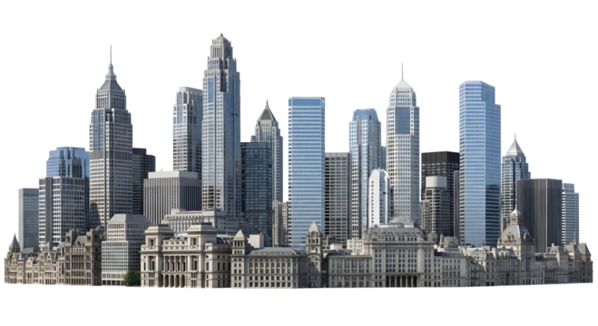 Modern Cityscape with Diverse Skyscrapers and Historic Buildings.