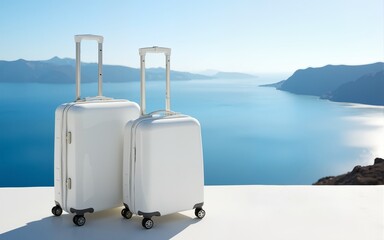 white suitcases by sea travel luggage vacation destination summer holidays luxury resort coastal getaway Greece Santorini tourism trip planner scenic landscape mediterranean sea vacation rentals lugga