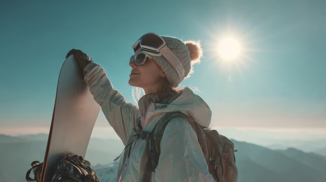A young Caucasian woman enjoys the mountain view while holding a snowboard, illuminated by a bright sun on a clear day.