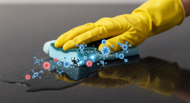 Hand in yellow glove cleaning a surface with a sponge, with glowing virus particles and water droplets, representing hygiene and disinfection against germs and bacteria