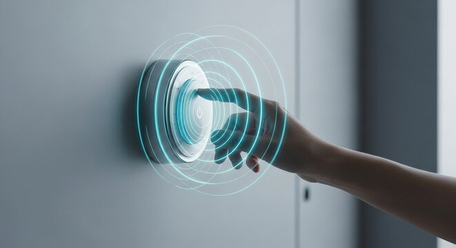 Closeup of a finger pressing a glowing, futuristic button with concentric blue light rings emanating from it, symbolizing activation, technology, and interaction with a smart system