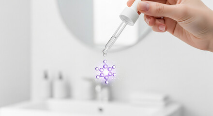 A hand holds a dropper with a purple molecule falling into a sink, representing science and skincare