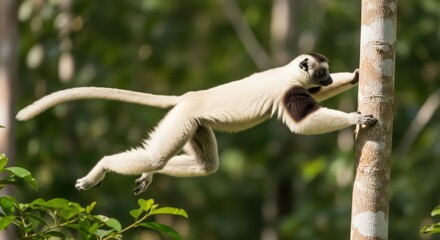 Obraz premium Sifaka leaping gracefully between trees in madagascar forest habitat