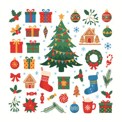 Christmas and New Year Hand-Drawn Decorative Elements – Christmas Tree, Gifts, Toys, Candy, Holly, Gingerbread for Scrapbooking, Greeting Cards, Posters, and Stickers