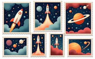 A collection of creative postage stamps featuring space themes, including rockets, planets, and extraterrestrial designs. High quality