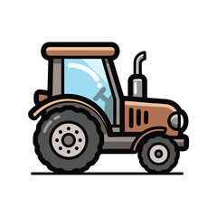 Stylized brown farm tractor illustration with bold black outlines and a large rear wheel.