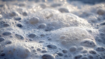 Close up view captures intricate patterns of sea foam bubbles reflecting bright light