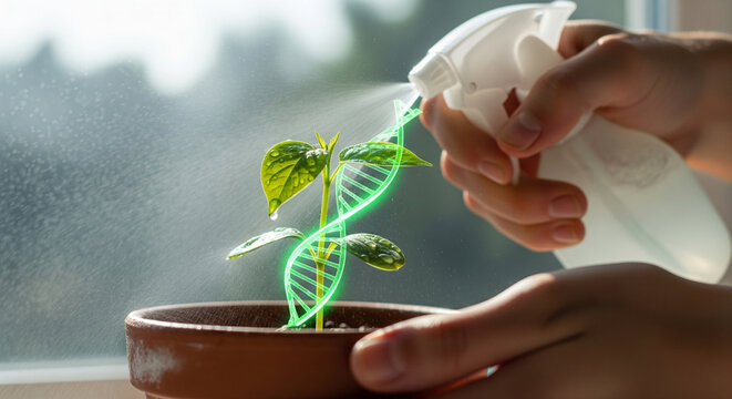 Closeup of a person spraying a small plant with a spray bottle, with a glowing green dna helix superimposed on the plant, symbolizing genetic modification and biotechnology in agriculture