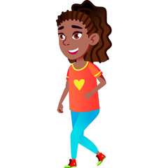 Smiling young girl with brown curly hair and a yellow heart on her orange t-shirt wearing blue pants and red sneakers walking happily with a white background