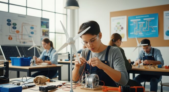 Dedicated student working on a wind turbine project in a bright classroom, exploring sustainable energy solutions with peers and equipment
