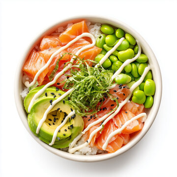 A vibrant poke bowl featuring fresh salmon, creamy avocado, edamame, and seaweed on white rice, finished with sesame drizzle and mayo for a colorful, healthy meal presentation.	