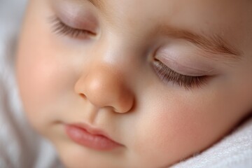 Fototapeta premium Closeup portrait of a beautiful sleeping baby with delicate features and long eyelashes, peaceful and serene, captured in soft light within a cozy setting