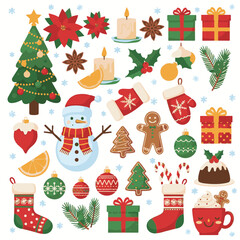 Christmas and New Year Hand-Drawn Decorative Elements – Christmas Tree, Gifts, Toys, Candy, Holly, Gingerbread for Scrapbooking, Greeting Cards, Posters, and Stickers