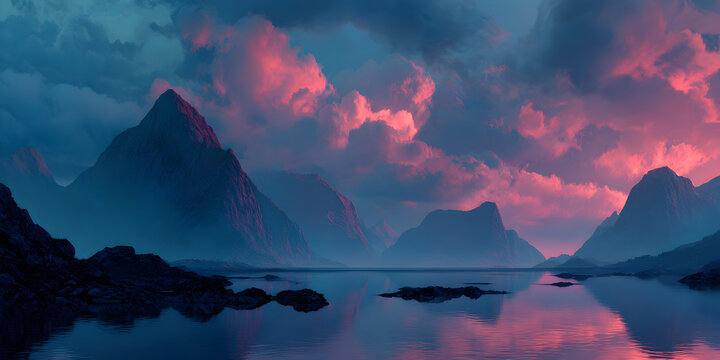 Dramatic mountain range reflected in a calm lake under a vibrant pink and blue cloudy sky at dusk, evoking a sense of mystery and awe