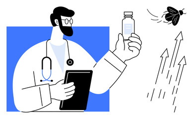 Doctor holding a vaccine bottle and tablet with arrows indicating progress and a fly representing potential issues. Ideal for healthcare, research, innovation, vaccination, medicine, prevention