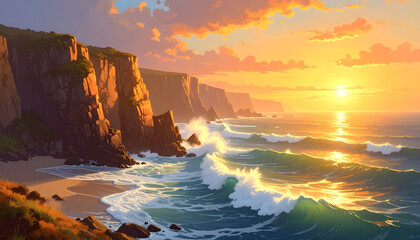 Golden Sunset Over Ocean Cliffs with Crashing Waves on a Secluded Beach Landscape