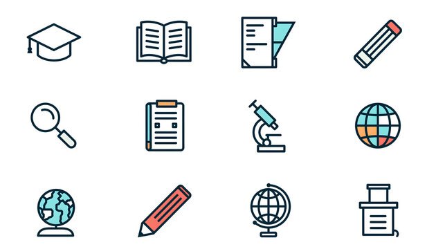 A vibrant collection of minimalist flat design academic and education icons. Featuring graduation caps, books, microscopes, globes, stationery, and calculators. Ideal for learning, research materials