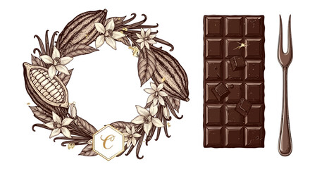 Elegant chocolate making vector elements with cacao wreath, chocolate bar, and dipping fork for chocolatier branding