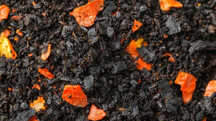 Fototapeta premium Macro close-up of rotting fruit and vegetable fibers blending into dark compost soil.