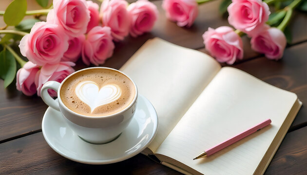 Cup of coffee with heart latte art, pink roses, and open notebook on wooden table