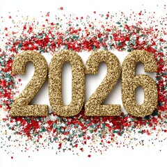 Golden 2026 glitter text decoration for celebration, isolated on a white background