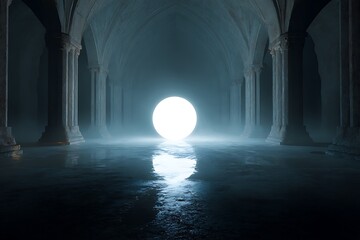 Mysterious glowing orb illuminates ancient cathedral hall with dramatic architectural columns and reflective wet floor creating an ethereal ambiance