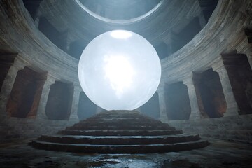 Mysterious glowing orb illuminating ancient stone chamber with tiered steps, evoking wonder and discovery.