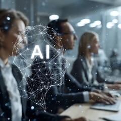 Stunning AI neural network overlaying diverse professionals collaborating in a modern office, representing innovation and future business growth