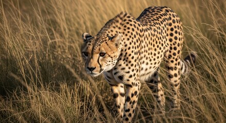 Fototapeta premium Majestic cheetah walking through tall grass in sunlit savannah