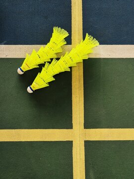 Bright yellow shuttles on a badminton court floor