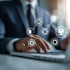 Modern entrepreneur expertly manages digital workflow with innovative technology connecting business processes and automation.