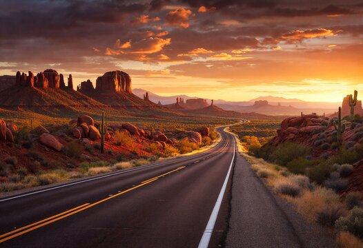 An empty highway meandering through a vast desert landscape at sunset