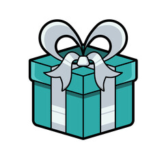 Teal Wrapped Present Box Illustration with Silver Bow
