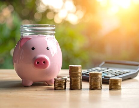 Pink piggy bank with coins and calculator on a wooden surface