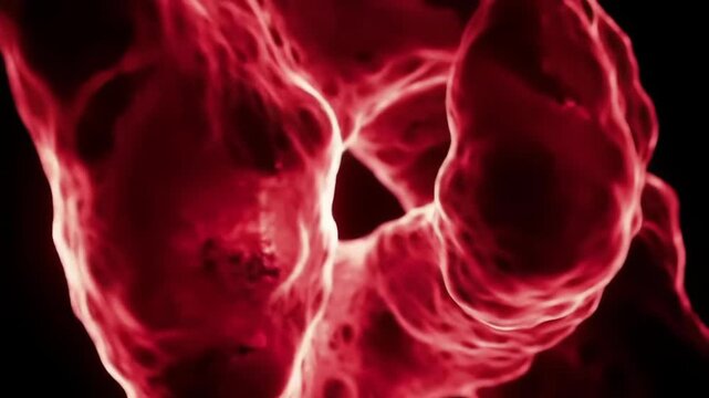 Abstract red organic shapes swirling in a dark background, creating depth