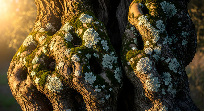 Close up of moss on an olive tree bark