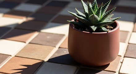A small succulent in a terracotta pot sits on a patterned tiled tabletop, bathed in warm sunlight, with clear, crisp shadows highlighting its shape.